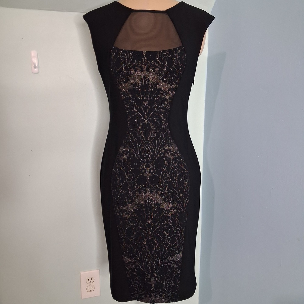 Joseph Ribkoff Black Metallic Damask Sheath Dress Sheer Mesh Keyhole Back Sz 6
